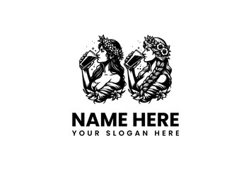 Woman drinking beer logo vector illustration, vintage style design