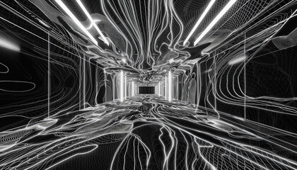 Abstract black and white digital art featuring glowing lines and complex geometric patterns in a futuristic tunnel.