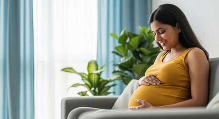 A serene pregnant woman in a mustard-yellow top sits on a cozy sofa at home, smiling gently as she cradles her baby bump with both hands