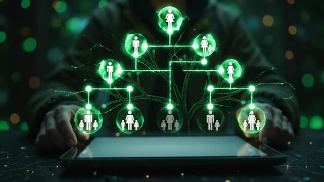 A digital family tree grows out of a tablet screen concept for ancestry research blogs, genealogy websites, family history education, and inheritance planning resources.