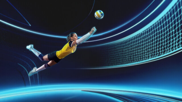 Digital artwork of male volleyball player sprinting and reaching forward for dig in bright arena. Concept of movement tutorials, volleyball education, and coaching visuals for skill development.