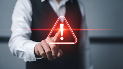Urgent warning notification highlighted as businessman taps the exclamation point, demanding immediate attention to critical errors and security breach