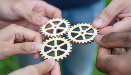 A dynamic image showing diverse hands connecting wooden gears, symbolizing teamwork and innovation in business