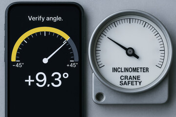 Inclinometer and digital angle measurement smartphone display ensure crane safety by verifying precise angle for secure operation and risk