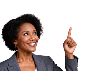 Confident mature African American businesswoman pointing upwards with an inspired idea isolated on transparent background.