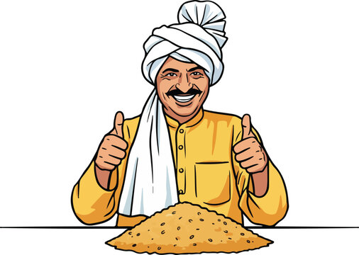 Indian farmer happy face with grains vector illustration