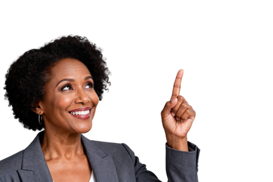 Confident mature African American businesswoman pointing upwards with an inspired idea isolated on transparent background.