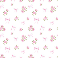 Watercolor seamless pattern with pink roses and ribbons on white background. Romantic floral design perfect for fabric, wallpaper, wrapping paper and feminine decor.