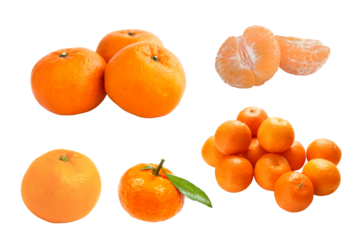 Chinese New Year fruit set. Fresh citrus mandarin oranges, peeled segments, and fruit pile isolated for healthy food design.