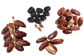 Ramadan fasting food set. Assortment of sweet dried dates (Kurma) for Iftar break fasting isolated on white.