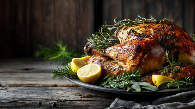 Roasted turkey garnished with rosemary and lemon on a rustic wooden surface