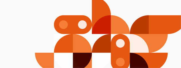 Abstract geometric shapes, orange hues, minimalist design. Composition features circles, rectangles, simple forms. Clean aesthetic, modern art style.