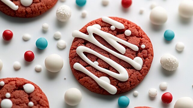 Overhead view of red velvet cookies decorated with white icing and colorful sprinkles, arranged on a white surface.
