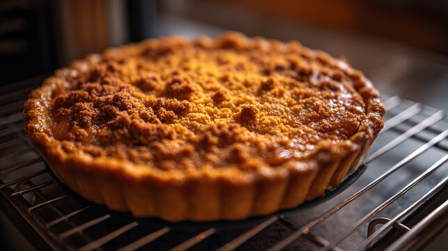 A close up of a freshly baked pumpkin pie cooling on a metal wire rack