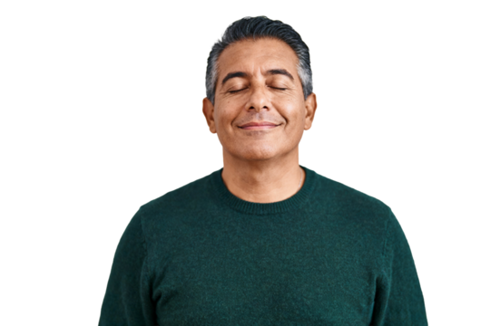 Content middle-aged man with closed eyes expressing serenity and mindfulness isolated on transparent background