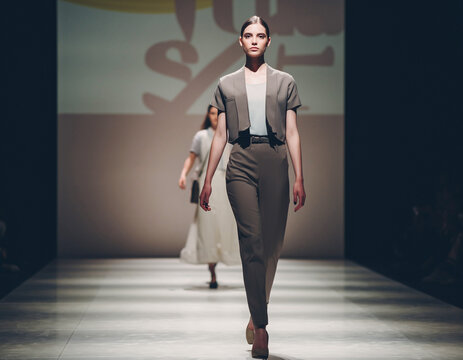 Female model walking on a runway during a fashion show, showcasing modern attire. - Powered by Adobe