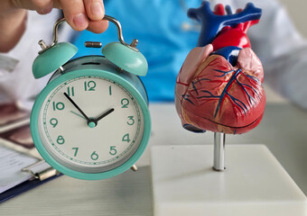 Study of heart anatomy with a clock illustrating the importance of time in medical practice concept