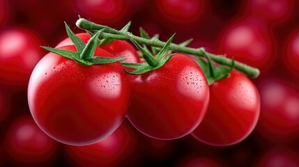 Close-up shot of fresh, ripe cherry tomatoes on a green vine, with a blurred background of more tomatoes.