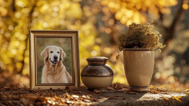 Golden retriever dog in picture frame with urn and vase, pet loss and cremation concept. Autumn background for memorial and remembrance.