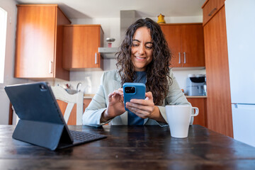 Young woman enjoying morning routine checking smartphone