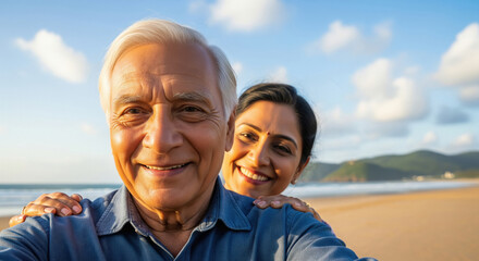 A joyful elderly man takes a close-up selfie on a sunny beach, with his smiling partner standing just behind him