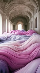 An abstract art piece featuring flowing fabric waves in shades of pink and purple, filling a grand architectural hallway with arched ceilings and soft lighting.