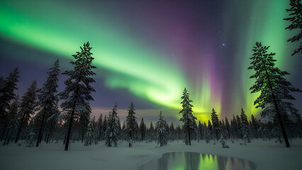 Vibrant Aurora Borealis Dances Across a Starry Arctic Sky Over a Snow-Covered Forest
