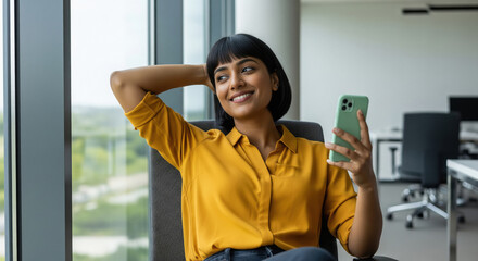 A relaxed young professional woman in a mustard shirt leans back in her office chair by a large window, smiling as she looks at her phone.