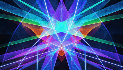 Abstract symmetrical pattern of glowing neon lines and vibrant colors creating a futuristic light art design.