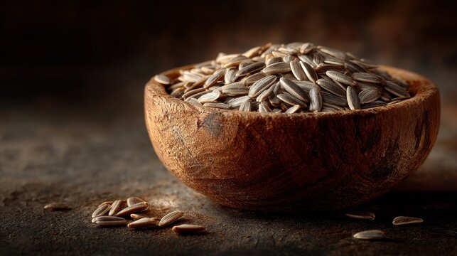 A rustic wooden bowl overflows with nutritious sunflower seeds, showcasing their natural goodness and highlighting the simple pleasure of healthy snacking