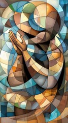 An abstract illustration of a person praying with hands clasped together. The image is rendered in a geometric, stained glass style.