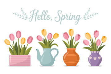 This cheerful illustration features beautiful tulips in vibrant colors arranged in different decorative pots, symbolizing the arrival of spring and blossoming new beginnings.