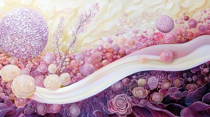 An abstract painting featuring a landscape of flowers, spheres, and flowing ribbons in shades of pink, purple, and cream. The artwork evokes a sense of softness