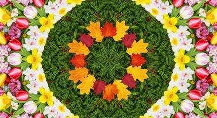 Floral kaleidoscope with concentric rings of flowers and leaves