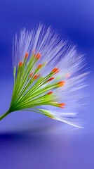 Close-up of an abstract flower with white, green, and orange details set against a gradient blue background. The image evokes a sense of nature and artistic bea