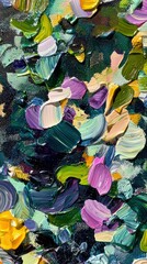 Close-up of an abstract floral painting with thick, textured brushstrokes in shades of green, purple, yellow, and white. The artwork has a rich, layered appeara
