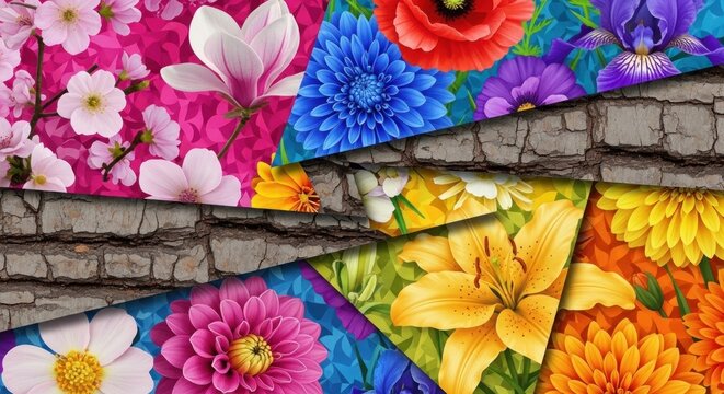 Floral collage with blooming flowers overlaying bark texture