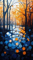 An abstract artwork depicting a forest scene with trees, water, and autumn colors. The image is stylized with a mosaic-like effect.