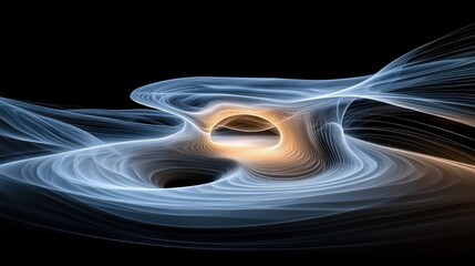 An abstract fractal illustration featuring flowing, wave-like forms with a gradient of colors, set against a black backdrop.