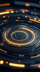 Close-up of a futuristic circular design with glowing orange lights, creating a technological and abstract visual.