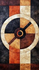 An abstract artwork featuring a geometric design with circles, squares, and various earthy tones. The composition is visually striking.