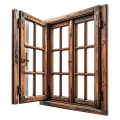 An antique, rustic wooden window with two open casements against a solid black background.