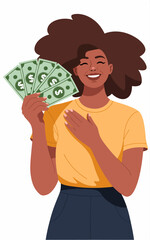 A joyful individual holding cash displays a sense of happiness and excitement, symbolizing success and prosperity in a contemporary and relatable style.