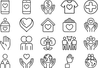 Vector Charity and Donation Icon Set on Transparent Background Line Art