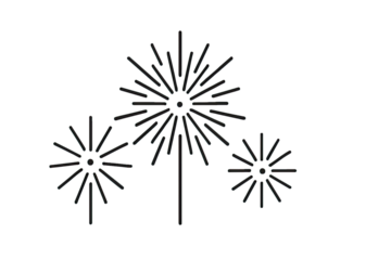 Minimalist fireworks line art illustration featuring bright bursting spark shapes perfect for festive celebration graphics isolated on white background