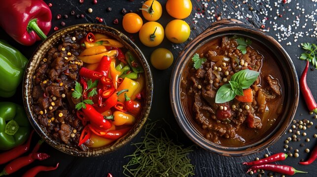 National Pepper Pot Day: Split screen composition showing raw ingredients on left side and finished pepper pot soup on right, colorful fresh peppers, spices, meat transforming into rich dark stew,