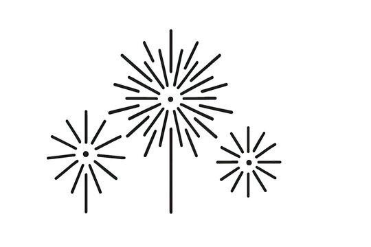 Minimalist fireworks line art illustration featuring bright bursting spark shapes perfect for festive celebration graphics isolated on white background