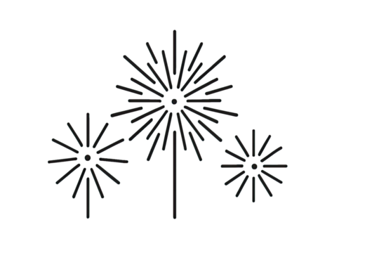 Minimalist fireworks line art illustration featuring bright bursting spark shapes perfect for festive celebration graphics isolated on white background