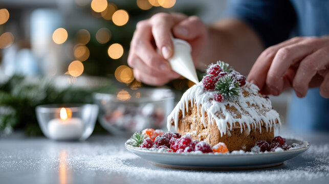 Adult hands decorating gingerbread house with frosting and berries on cool blue counter for festive holiday activity