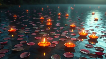 Floating Candles and Rose Petals: A Serene Nighttime Scene.
